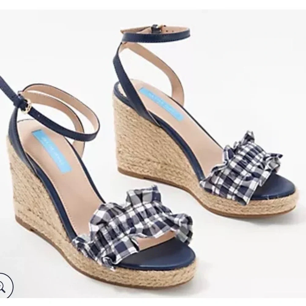 Draper James Abigail Navy Gingham Ruffle Espadrille Wedge Sandals Womens 8.5 NEW